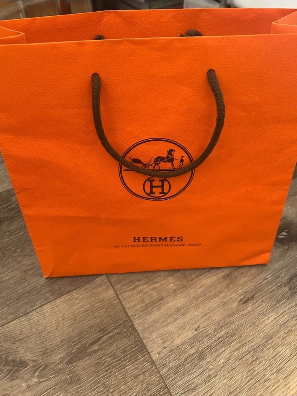 Hermes Luxury Medium Orange Paper Gift Bag W/Brown Rope Handles / Authentic